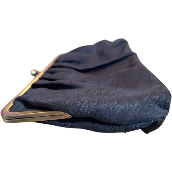 Vintage Black Clutch Gold Frame Kiss Clasp Women's Formal Bag Satin Finish - Picture 7 of 16